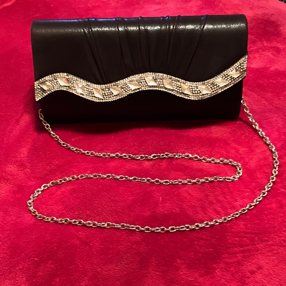 Black Evening Clutch with Silver Crystal Wave Accent